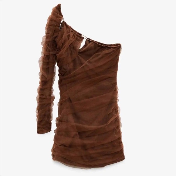 NWT Zara Blogger’s Favorite Brown Tulle One Shoulder Dress Size Small‎ - Picture 5 of 15